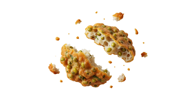 Elevated view of a split pea fritter with scattered crumbs against a crisp white background highlighting its culinary appeal and homemade aesthetic