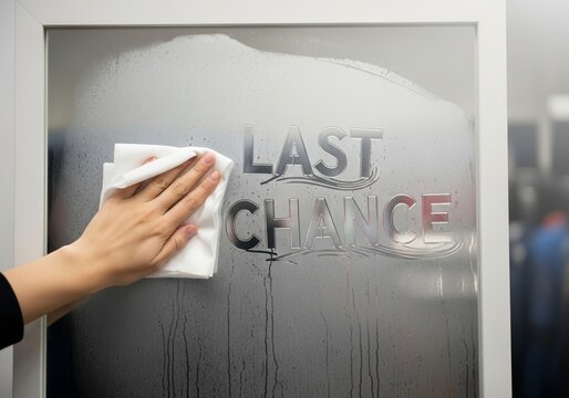 Cropped shot of a person's hand wiping a Last Chance message onto a foggy mirror. Clearance event, final opportunity, and promotional marketing concept