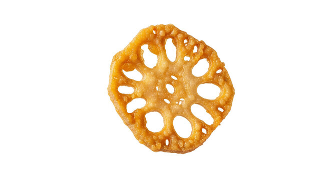 Crispy culinary creation, a fried lotus root slice offering a delightful textural contrast and savory flavor presented against a plain white backdrop