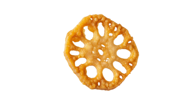 Crispy culinary creation, a fried lotus root slice offering a delightful textural contrast and savory flavor presented against a plain white backdrop