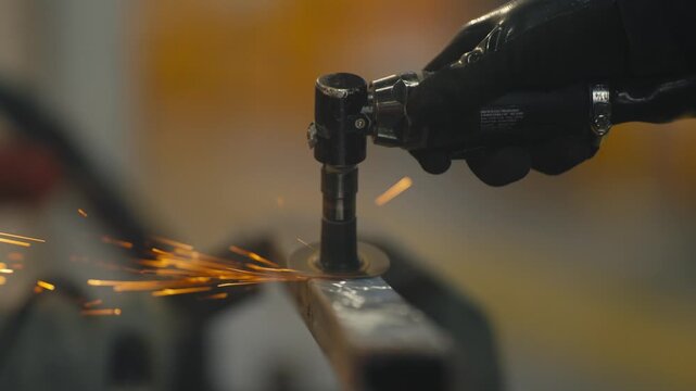 Worker Grinding Metal Tube with Sparks Using Handheld Power Tool