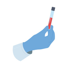 Medical gloved hand holding blood test tube on white isolated background vector illustration