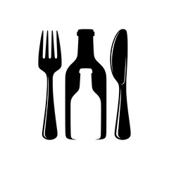 Fototapeta premium Elegant vector icon of a fork, knife, and wine bottle silhouette with a negative space design, perfect for fine dining and gourmet beverage branding