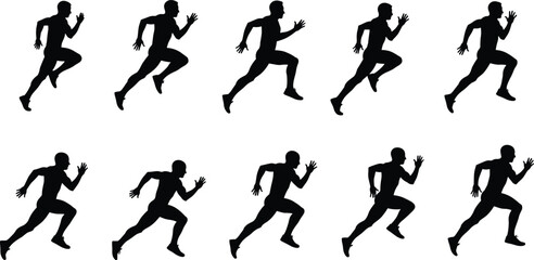 Set of Running and Sprinting Man Silhouettes, Vector Illustration of Male Athlete in Dynamic Motion Poses, Representing Speed, Sport, and Fitness