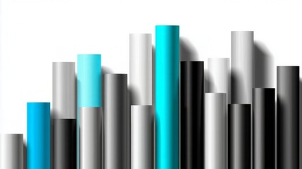Data showing market growth and financial success, visualizing business analysis, statistics, and economic fluctuations with bar chart cylinders in blue and grayscale on a white background