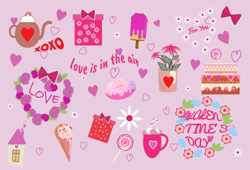 Set of Valentine's Day elements. Hearts, flowers, ice cream, cake, sweets, frames, words of love for  card.
