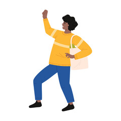 Joyful young adult raising arm with reusable grocery bag, isolated on white background vector illustration