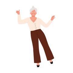 Elderly woman smiling and dancing with joy on a white isolated background vector illustration