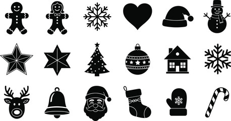 Set of traditional Christmas and holiday icon silhouettes, including Santa Claus, reindeer, snowflakes, gingerbread men, and festive decorations vector graphics.