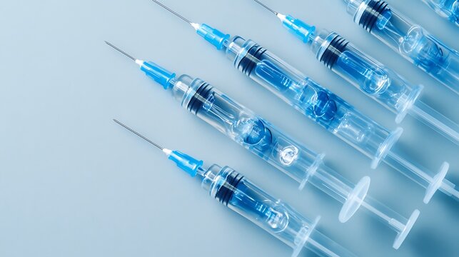 Close up view of multiple sterile medical syringes filled with blue liquid arranged diagonally on a white surface