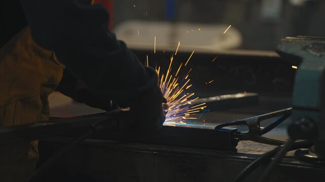 Worker Welding Metal Piece with Blue Sparks