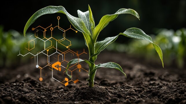 Corn plant growing with digital mineral nutrients icon displayed in field