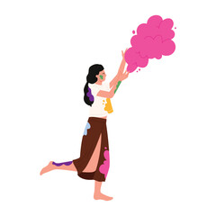 Young woman throwing pink powder during Holi festival celebration on isolated white background vector illustration