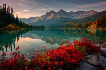Tranquil mountain lake at sunset with emerald waters and autumn foliage