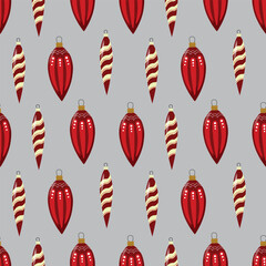 Seamless Pattern of Red Christmas Ornaments on Gray Background