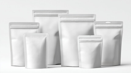 Blank zip lock pouches various sizes and shapes are displayed against clean background, showcasing their versatility for storage and packaging needs. These pouches are ideal for organizing items