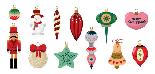 Complete set of colorful Christmas ornaments including baubles, bell, snowman, nutcracker, star, and heart shapes with festive decorative patterns and holiday themes on white background