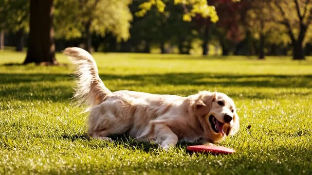 Golden retriever catching a frisbee mid-air, playful and energetic vibe, sunny afternoon in a lush park setting