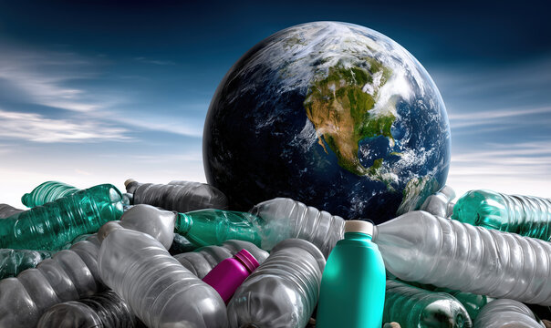 Large pile of plastic bottles surrounds globe, symbolizing global plastic pollution crisis. image evokes concern for environment and highlights impact of waste on our planet
