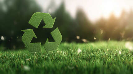 Eco friendly green grass with recycling symbol in natural setting, representing sustainability and environmental awareness. scene evokes sense of harmony and connection with nature