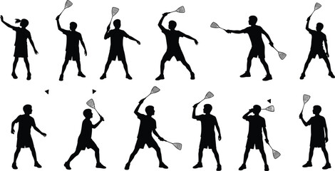 Silhouettes of young athletes playing squash or badminton with rackets, full-length vector illustration depicting action, sport, and dynamic movement.