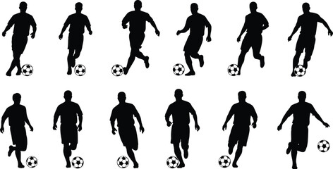 Soccer players silhouettes set, vector illustration of male football athletes kicking or dribbling ball, various poses and actions, dynamic sport graphic element collection, full body.