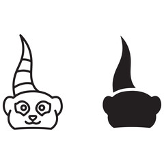 Cartoon Animal Head with Party Hat Outline and Silhouette Icon
