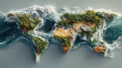 World map depicting environmental conservation and globalization concept with land covered in forests and water bodies showing a healthy planet