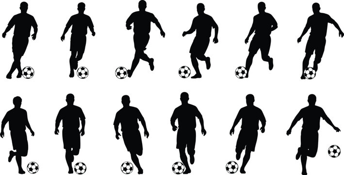 Soccer players silhouettes set, vector illustration of male football athletes kicking or dribbling ball, various poses and actions, dynamic sport graphic element collection, full body.
