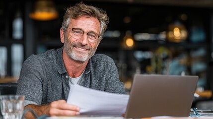 Smiling mature businessman works at desk with laptop holding documents in office