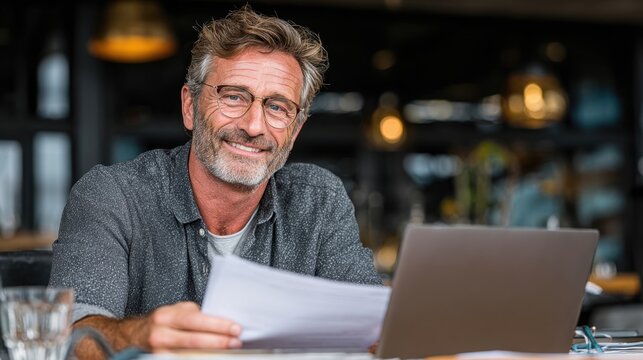 Smiling mature businessman works at desk with laptop holding documents in office - Powered by Adobe