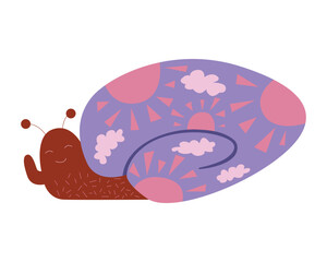 A whimsical and charming snail featuring a vibrant, intricately patterned shell and an overall playful design