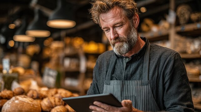 Deli owner uses digital tablet to manage orders in a rustic shop at daytime