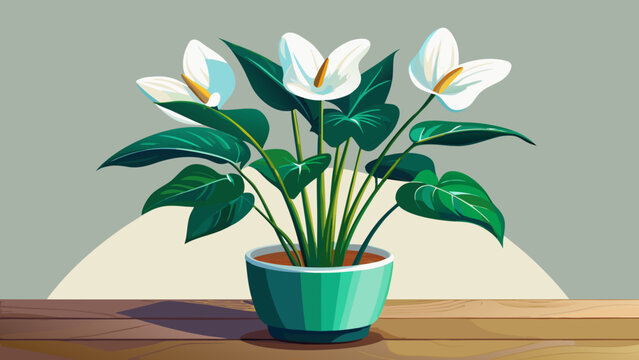 Very beautiful sleek white pot holding white anthurium flowers with lush green leaves, placed on a wooden surface against a pristine white background, creating a clean and minimalistic tropical compos