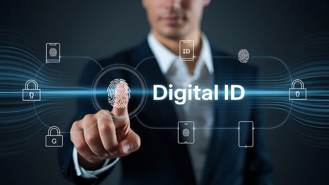 Digital ID security with fingerprint authentication on smartphone device display - Powered by Adobe
