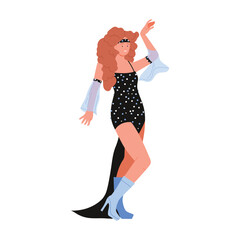 A fashionable woman gracefully dancing in a chic, vibrant polka dot dress, accompanied by stylish blue boots