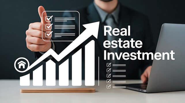 Real estate investment growth chart with approving businessman and laptop background