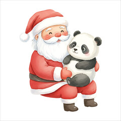 Santa Claus hugging a baby panda, adorable Christmas watercolor illustration isolated on white
