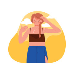 A young woman stands relaxed and at ease, soaking in the warm sunshine, dressed in stylish casual summer attire