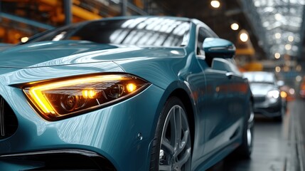 A shiny blue car is on a manufacturing line. Its bright headlight is illuminated. More cars are visible down the assembly line in the factory