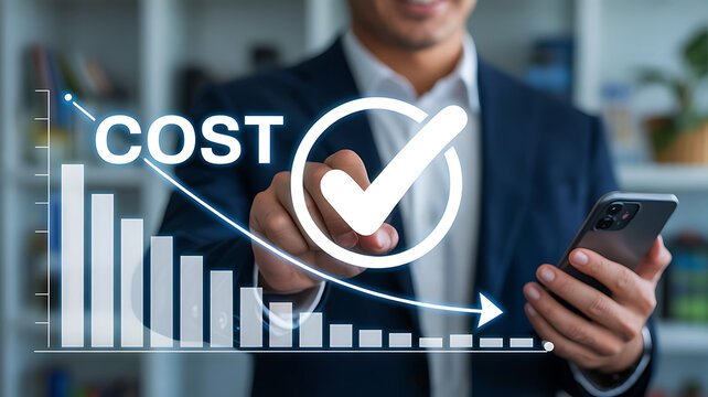 Successful cost reduction strategy with businessman using smartphone showing decreasing bar graph - Powered by Adobe