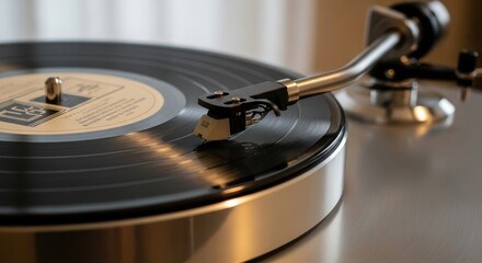 Close-up detail of a stylus needle on the grooves of a spinning black vinyl record on a modern turntable player
