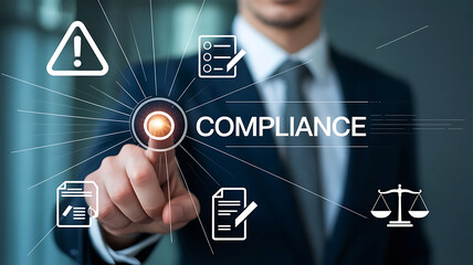 Compliance and regulations management concept with businessman touching compliance screen and related icons