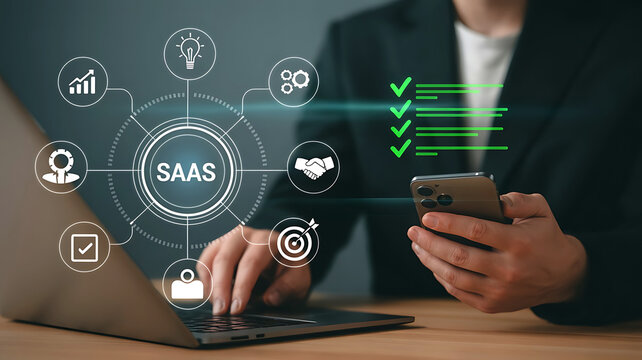 Software as a Service SaaS solution for business man using laptop and phone