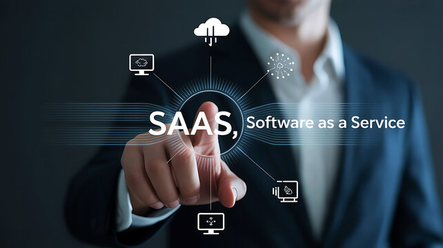 Software as a Service SaaS concept shown by a businessman hand pointing forward