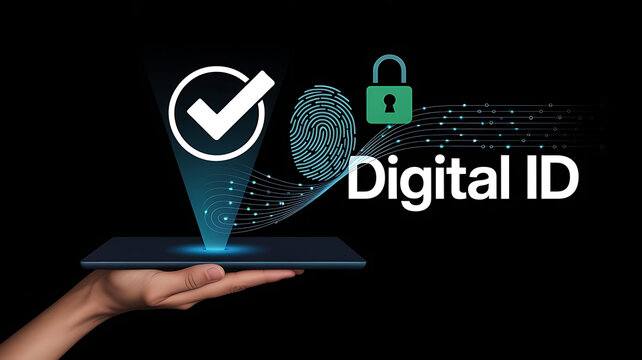 Digital ID concept with checkmark fingerprint and padlock hovering over tablet screen