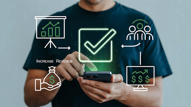 Man using mobile phone for business growth and revenue optimization concept