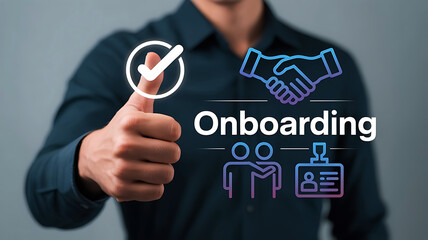 Successful onboarding process presentation showing teamwork agreement identification and check mark symbol