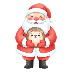 Santa Claus holding a tiny hedgehog, cute Christmas watercolor illustration isolated on white
