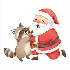 Santa Claus playing with a friendly raccoon, cute Christmas watercolor art on white background
